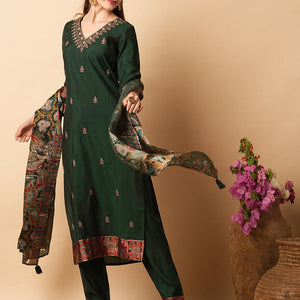 Solid Resham Embroidered Kurta with Pants & Printed Brasso Dupatta - Green