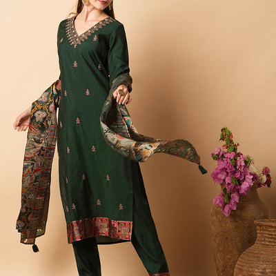 Solid Resham Embroidered Kurta with Pants & Printed Brasso Dupatta - Green