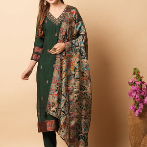 Solid Resham Embroidered Kurta with Pants & Printed Brasso Dupatta - Green