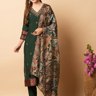 Solid Resham Embroidered Kurta with Pants & Printed Brasso Dupatta - Green