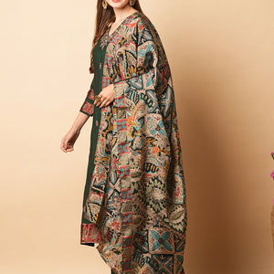 Solid Resham Embroidered Kurta with Pants & Printed Brasso Dupatta - Green