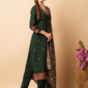Solid Resham Embroidered Kurta with Pants & Printed Brasso Dupatta - Green