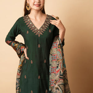 Solid Resham Embroidered Kurta with Pants & Printed Brasso Dupatta - Green