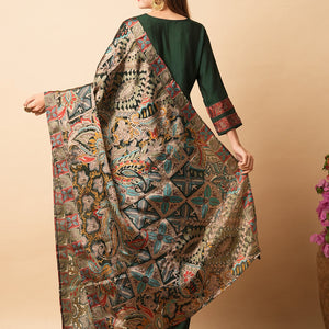 Solid Resham Embroidered Kurta with Pants & Printed Brasso Dupatta - Green