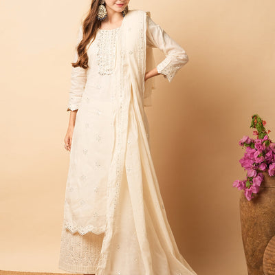 Solid Foil Mirror Embroidered Straight Kurta with Pant & Dupatta - Off White