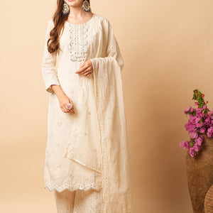 Solid Foil Mirror Embroidered Straight Kurta with Pant & Dupatta - Off White