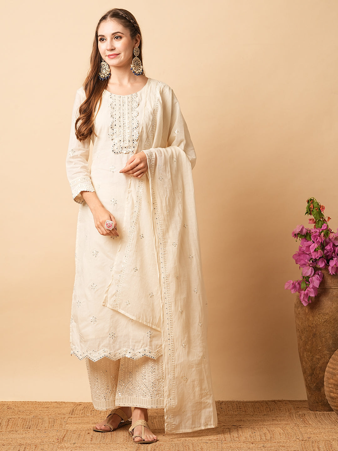 Solid Foil Mirror Embroidered Straight Kurta with Pant & Dupatta - Off White