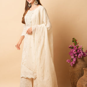 Solid Foil Mirror Embroidered Straight Kurta with Pant & Dupatta - Off White