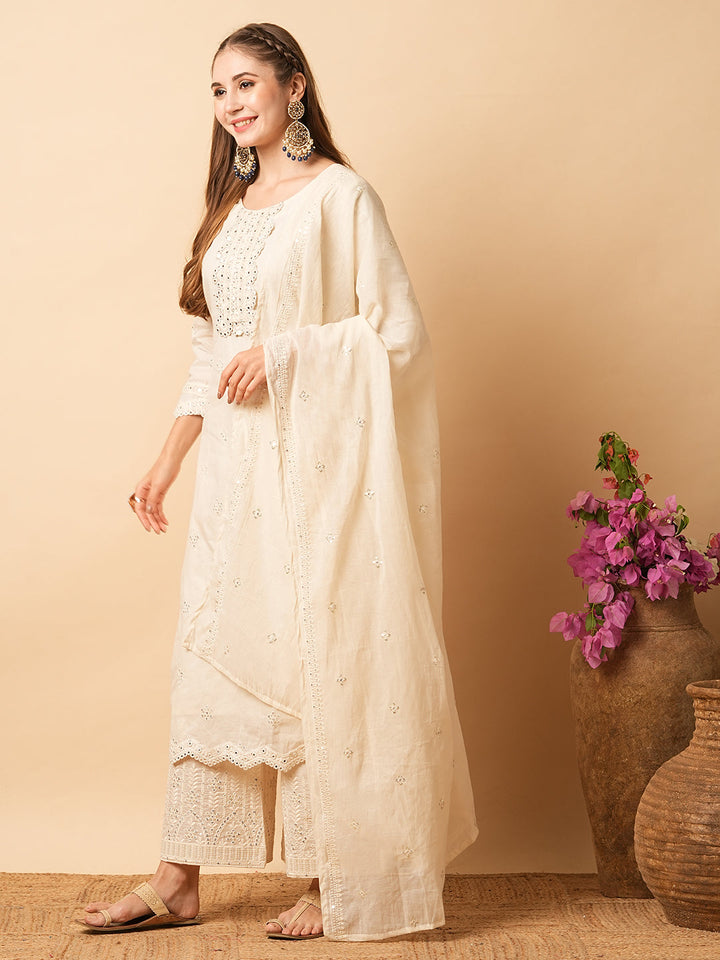 Solid Foil Mirror Embroidered Straight Kurta with Pant & Dupatta - Off White