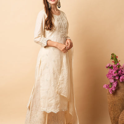 Solid Foil Mirror Embroidered Straight Kurta with Pant & Dupatta - Off White