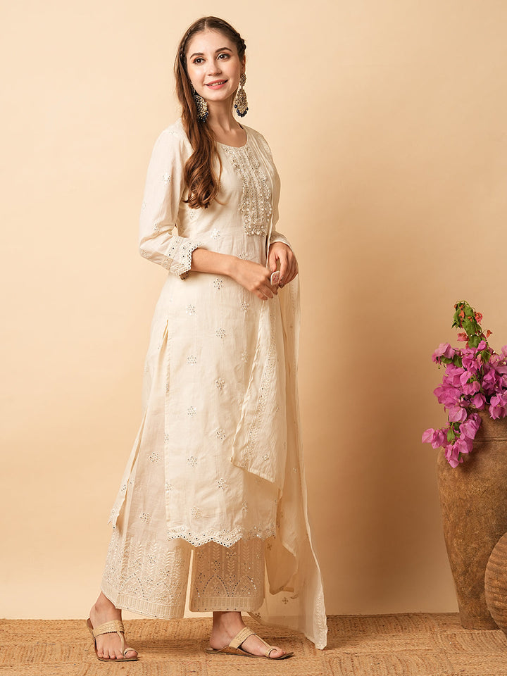 Solid Foil Mirror Embroidered Straight Kurta with Pant & Dupatta - Off White