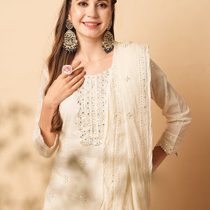 Solid Foil Mirror Embroidered Straight Kurta with Pant & Dupatta - Off White