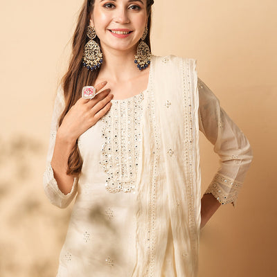 Solid Foil Mirror Embroidered Straight Kurta with Pant & Dupatta - Off White