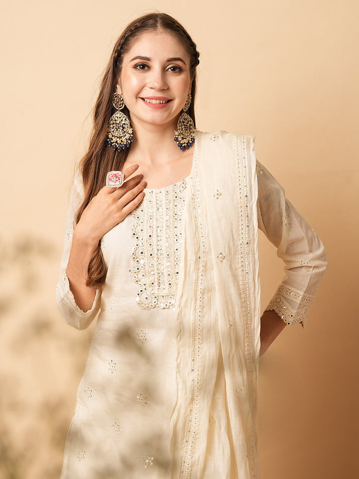 Solid Foil Mirror Embroidered Straight Kurta with Pant & Dupatta - Off White