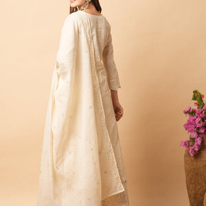 Solid Foil Mirror Embroidered Straight Kurta with Pant & Dupatta - Off White