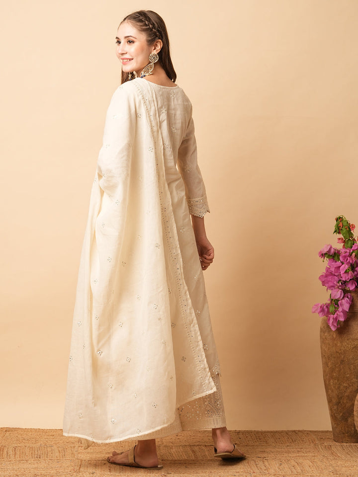 Solid Foil Mirror Embroidered Straight Kurta with Pant & Dupatta - Off White