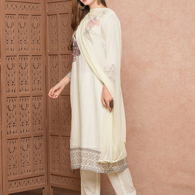 Floral Printed Mirror & Beads Embroidered Kurta with Pants & Dupatta - Off White