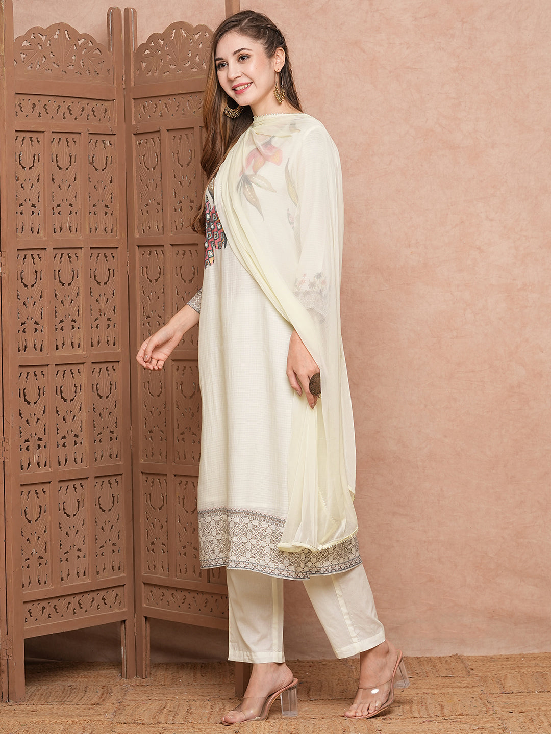 Floral Printed Mirror & Beads Embroidered Kurta with Pants & Dupatta - Off White