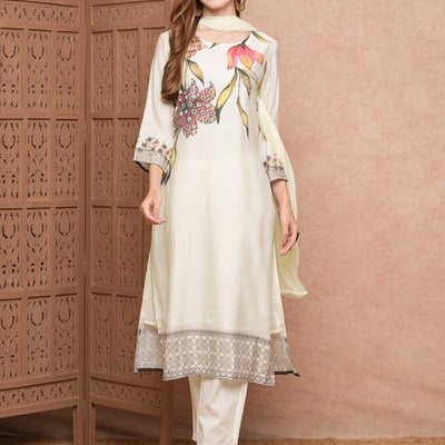 Floral Printed Mirror & Beads Embroidered Kurta with Pants & Dupatta - Off White