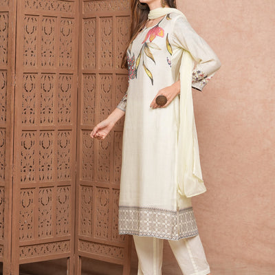 Floral Printed Mirror & Beads Embroidered Kurta with Pants & Dupatta - Off White