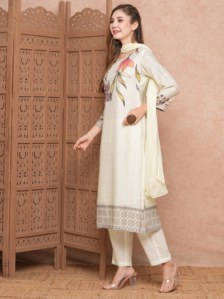 Floral Printed Mirror & Beads Embroidered Kurta with Pants & Dupatta - Off White