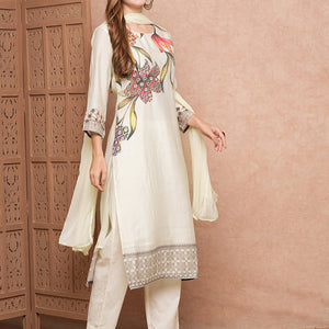 Floral Printed Mirror & Beads Embroidered Kurta with Pants & Dupatta - Off White