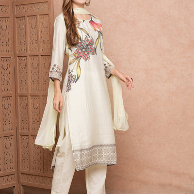 Floral Printed Mirror & Beads Embroidered Kurta with Pants & Dupatta - Off White