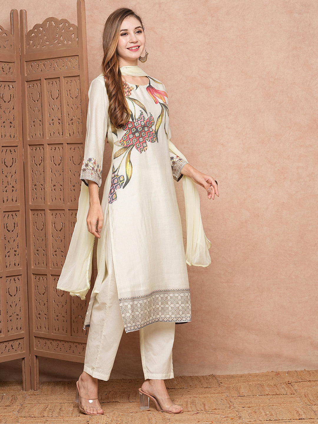 Floral Printed Mirror & Beads Embroidered Kurta with Pants & Dupatta - Off White