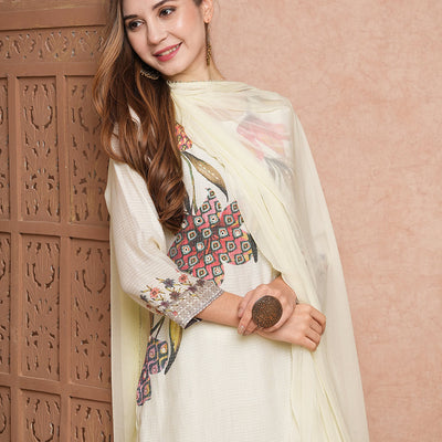 Floral Printed Mirror & Beads Embroidered Kurta with Pants & Dupatta - Off White