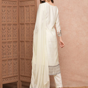 Floral Printed Mirror & Beads Embroidered Kurta with Pants & Dupatta - Off White