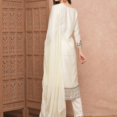 Floral Printed Mirror & Beads Embroidered Kurta with Pants & Dupatta - Off White