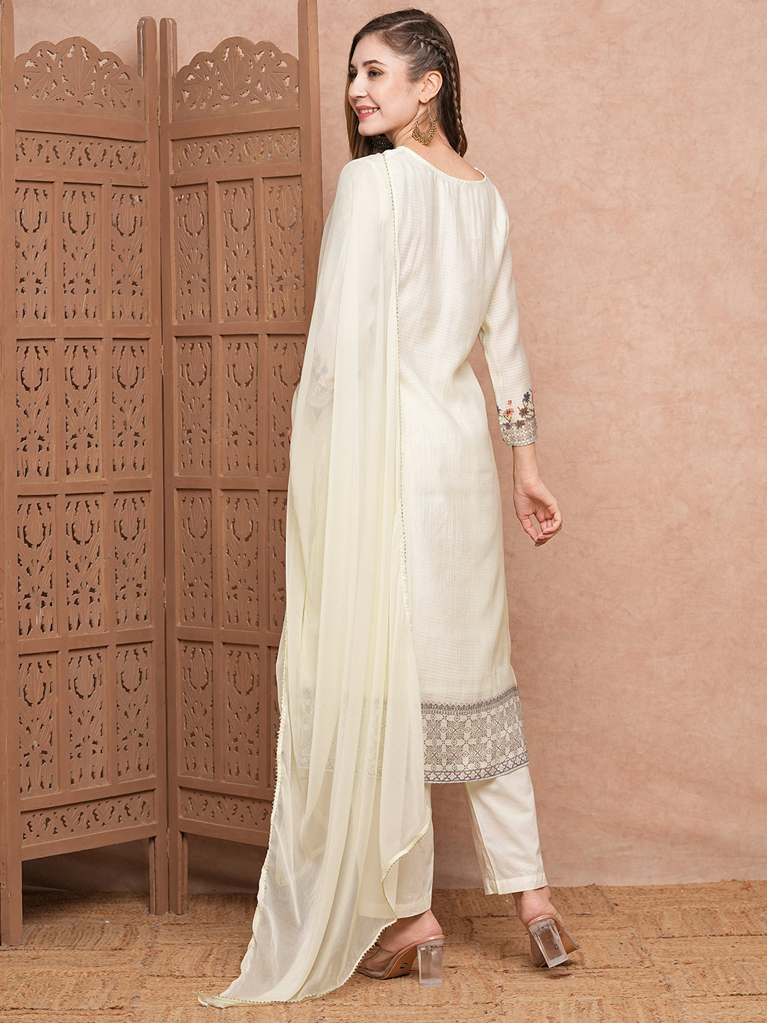 Floral Printed Mirror & Beads Embroidered Kurta with Pants & Dupatta - Off White