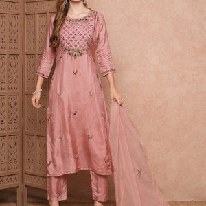 Solid Floral Hand Embroidered Straight Kurta with Pant & Dupatta - Pink