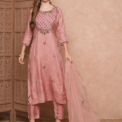 Solid Floral Hand Embroidered Straight Kurta with Pant & Dupatta - Pink