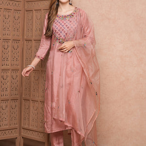 Solid Floral Hand Embroidered Straight Kurta with Pant & Dupatta - Pink