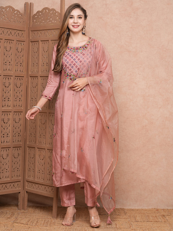 Solid Floral Hand Embroidered Straight Kurta with Pant & Dupatta - Pink