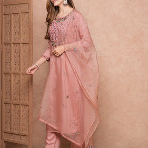 Solid Floral Hand Embroidered Straight Kurta with Pant & Dupatta - Pink