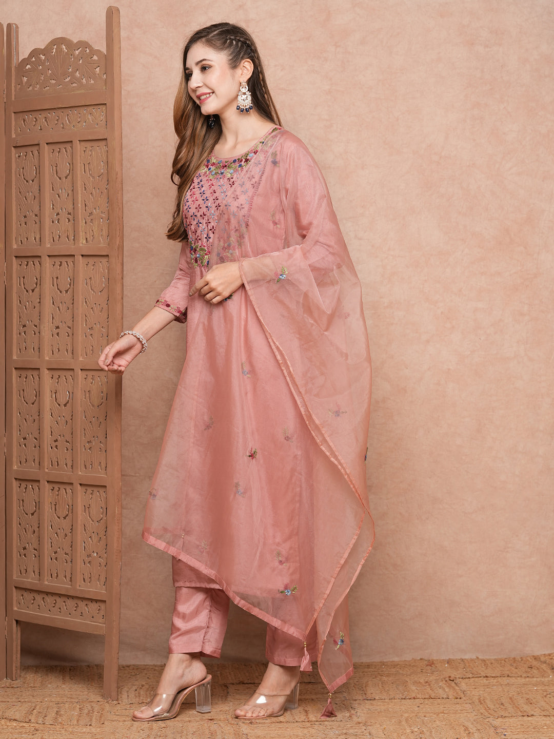 Solid Floral Hand Embroidered Straight Kurta with Pant & Dupatta - Pink