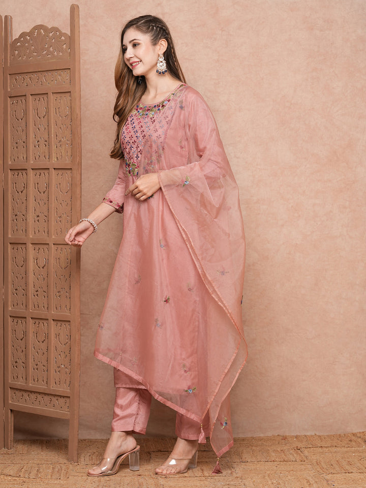 Solid Floral Hand Embroidered Straight Kurta with Pant & Dupatta - Pink