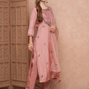 Solid Floral Hand Embroidered Straight Kurta with Pant & Dupatta - Pink