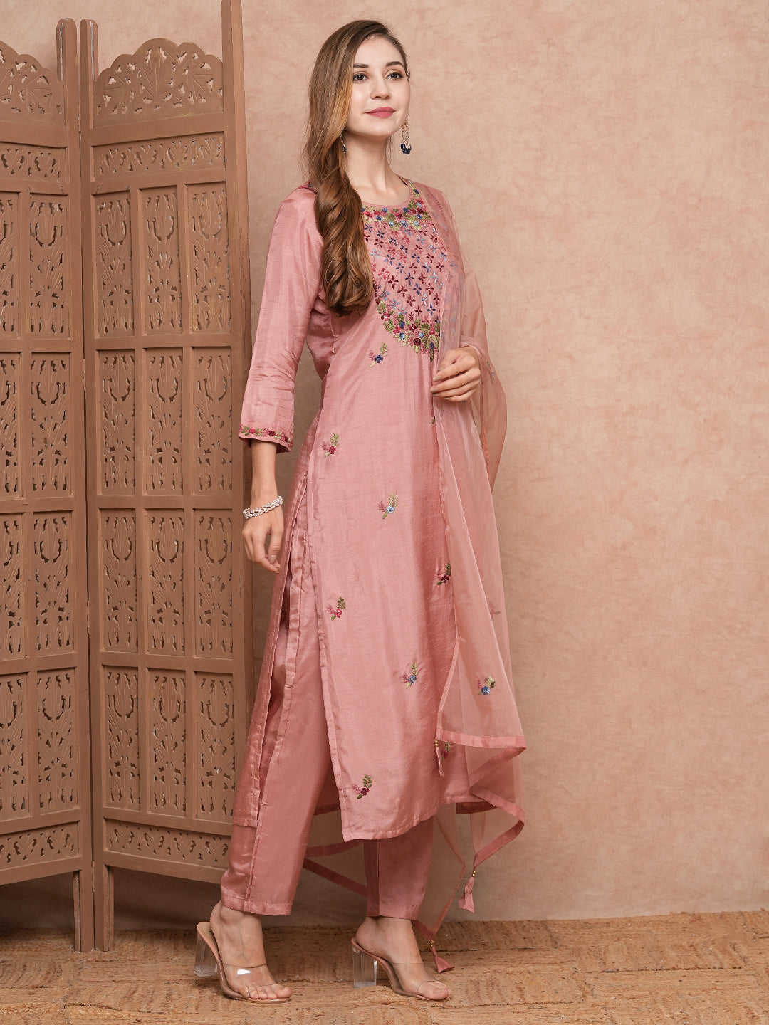 Solid Floral Hand Embroidered Straight Kurta with Pant & Dupatta - Pink