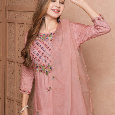 Solid Floral Hand Embroidered Straight Kurta with Pant & Dupatta - Pink