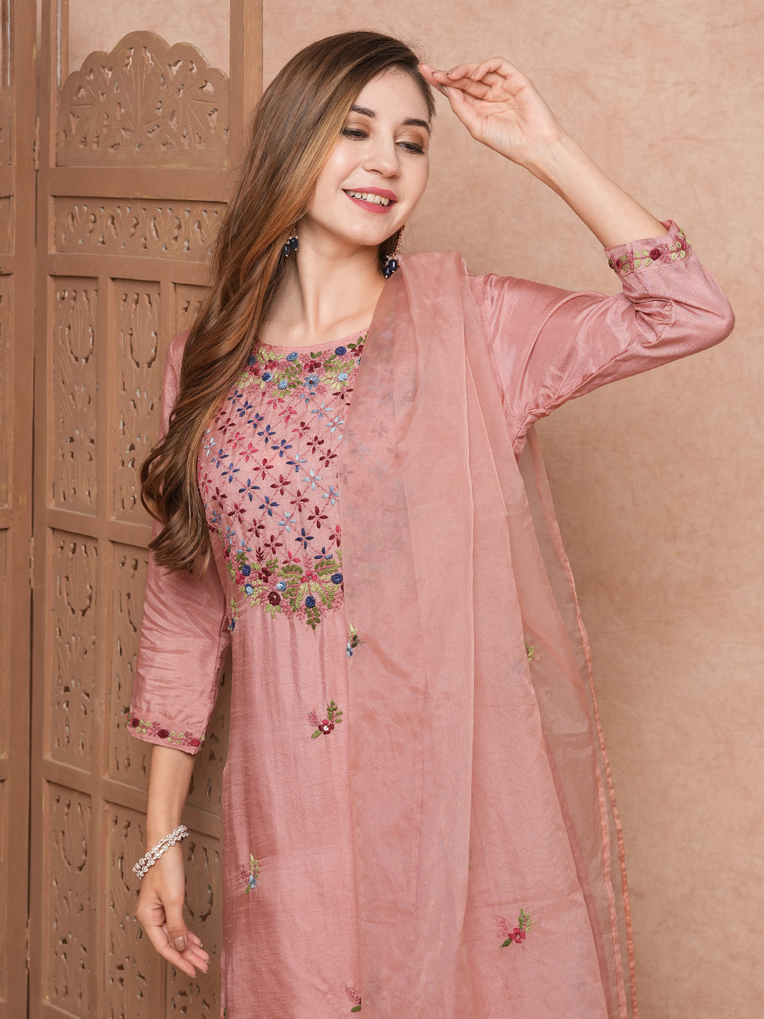 Solid Floral Hand Embroidered Straight Kurta with Pant & Dupatta - Pink