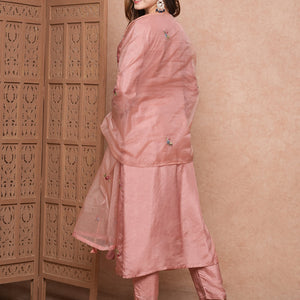 Solid Floral Hand Embroidered Straight Kurta with Pant & Dupatta - Pink