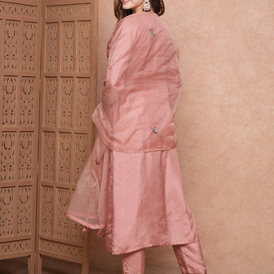 Solid Floral Hand Embroidered Straight Kurta with Pant & Dupatta - Pink