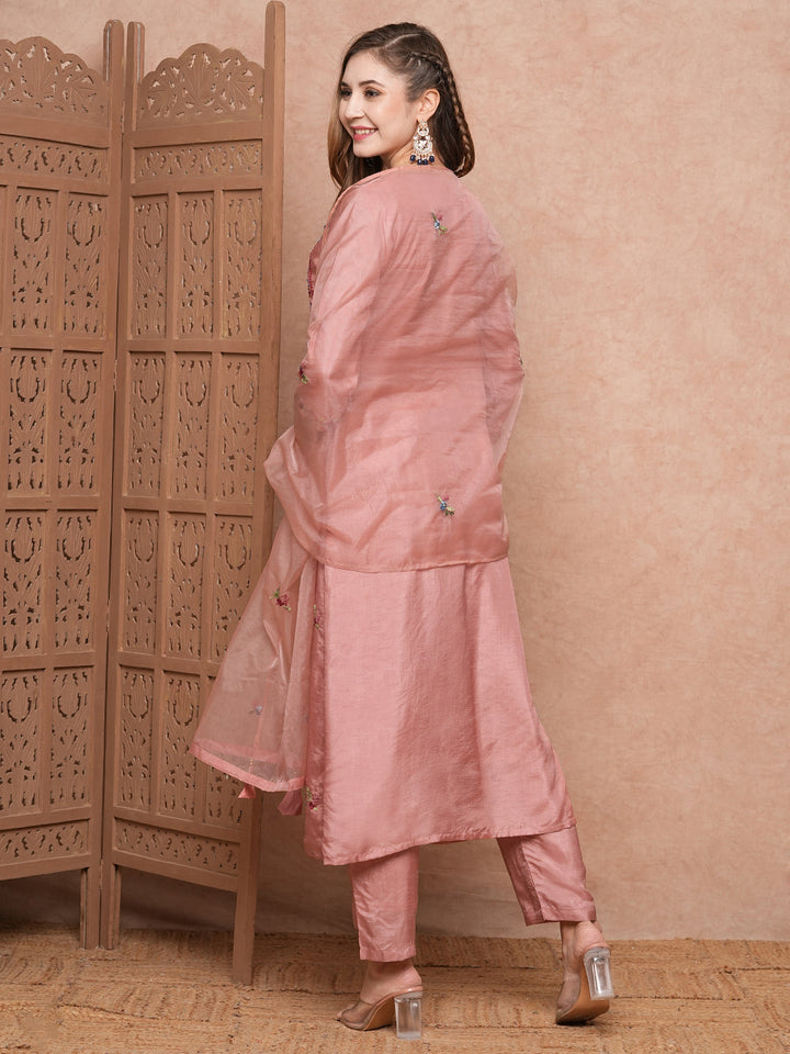 Solid Floral Hand Embroidered Straight Kurta with Pant & Dupatta - Pink