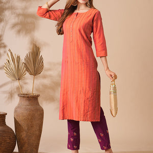 Solid Zari Embroidered Pin-Tucks Kurta with Zari Embroidered Pants - Orange