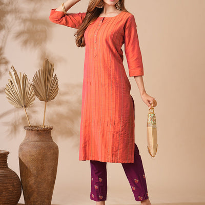 Solid Zari Embroidered Pin-Tucks Kurta with Zari Embroidered Pants - Orange
