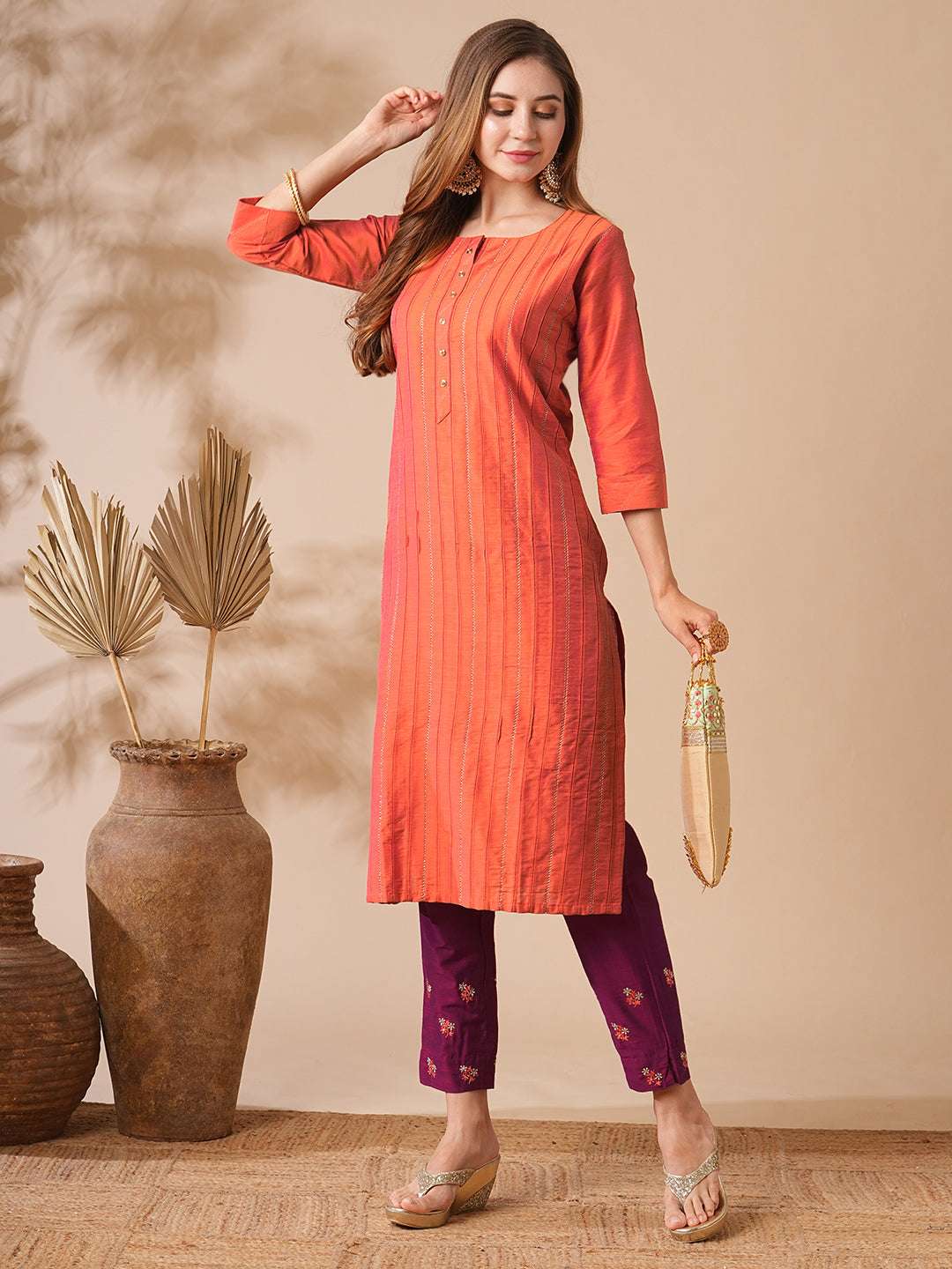 Solid Zari Embroidered Pin-Tucks Kurta with Zari Embroidered Pants - Orange