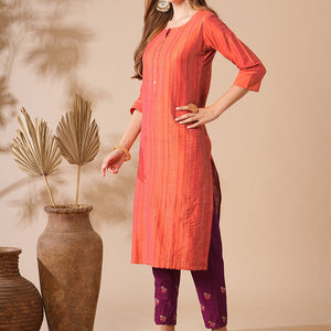 Solid Zari Embroidered Pin-Tucks Kurta with Zari Embroidered Pants - Orange